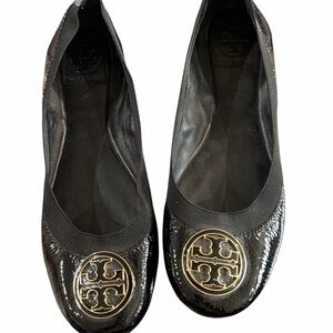 Tory Burch Black Patent Flats with Gold Logo